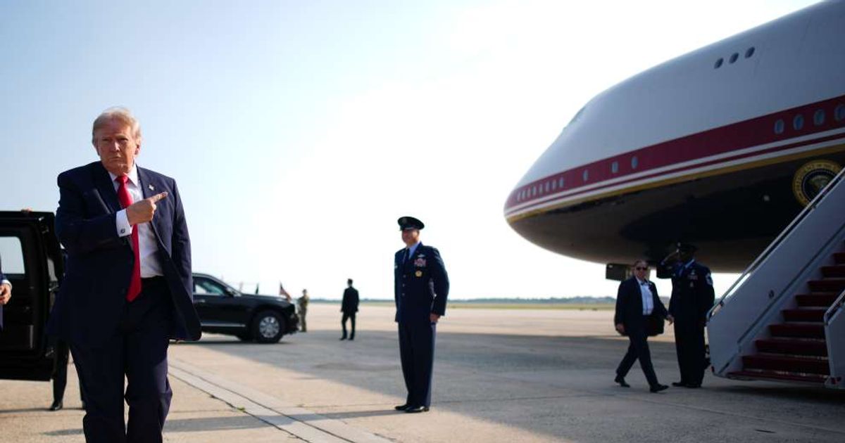 President Donald Trump boarded the newly retrofitted Boeing 747 for its first official presidential trip to North Dakota on July 1, 2026 (Andrew Harnik/Getty Images)