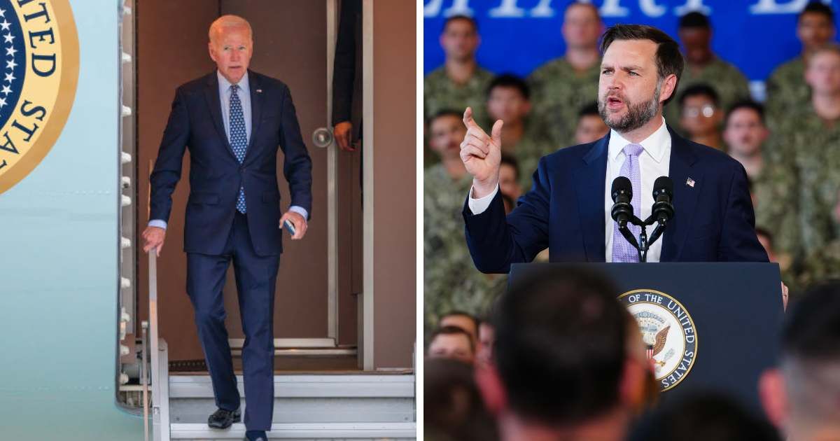 JD Vance was speaking at Naval Air Station Oceana in Virginia Beach on Wednesday, July 01, when he attempted to get some chuckles from troops with jokes about Biden’s struggles with walking down the stairs (Getty Images)