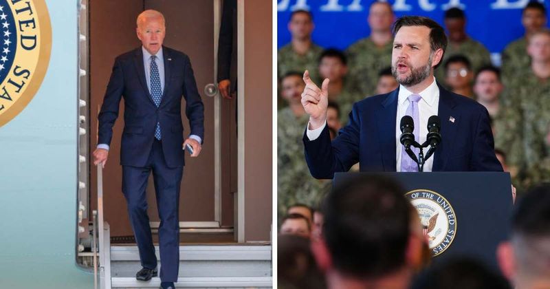 Vance jokes about Biden over stair stumble at Naval Station: ‘He fell up or down the stairs'