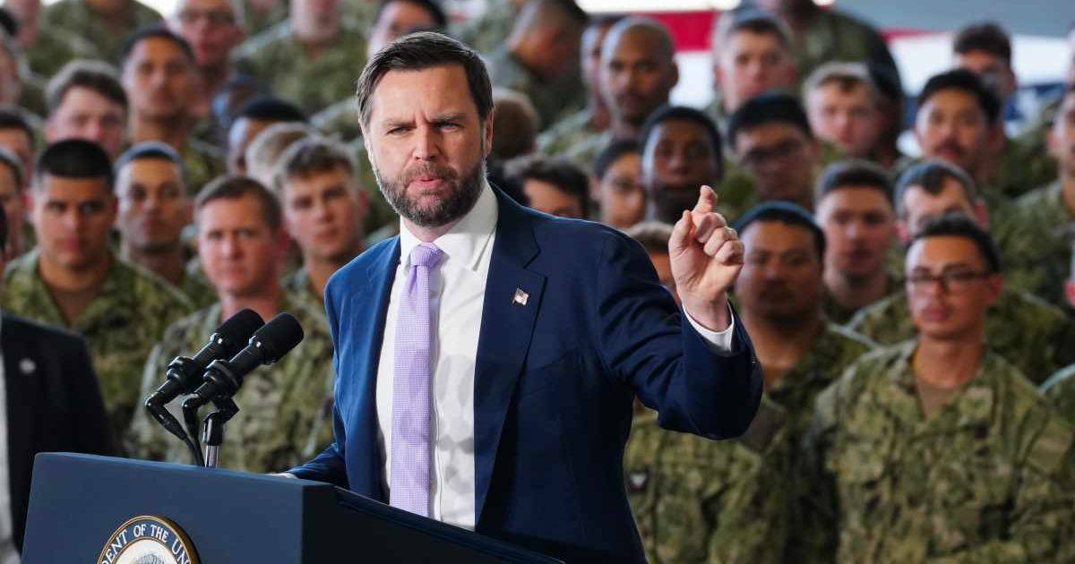 Vice President JD Vance speaks at an event marking 250 years of the American military at Naval Air Station Oceana in Virginia Beach, Virginia, on Wednesday, July 1, 2026 (Ken Cedenoe/Pool Photo via AP)