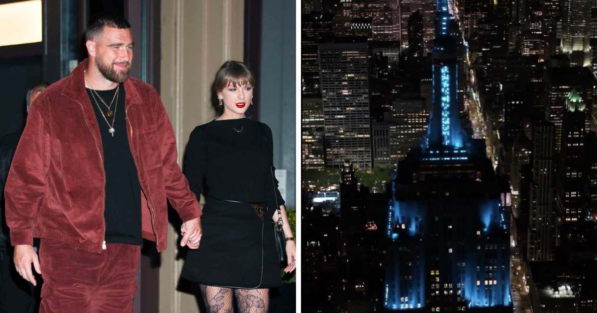 The iconic skyscraper glowed light blue as New York celebrated Taylor Swift and Travis Kelce's wedding festivities (Getty Images, Screengrab/@empirestatebldg/Instagram)