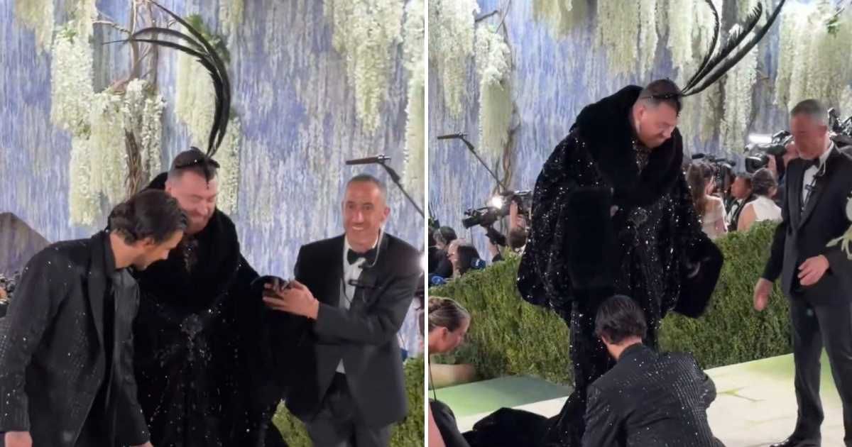 A viral video that has garnered more than a million views on social media claims to show Travis Kelce arriving at his wedding to Taylor Swift wearing a dramatic black sequined gown adorned with feathers (Screengrab/@BuzzPatterson/X)