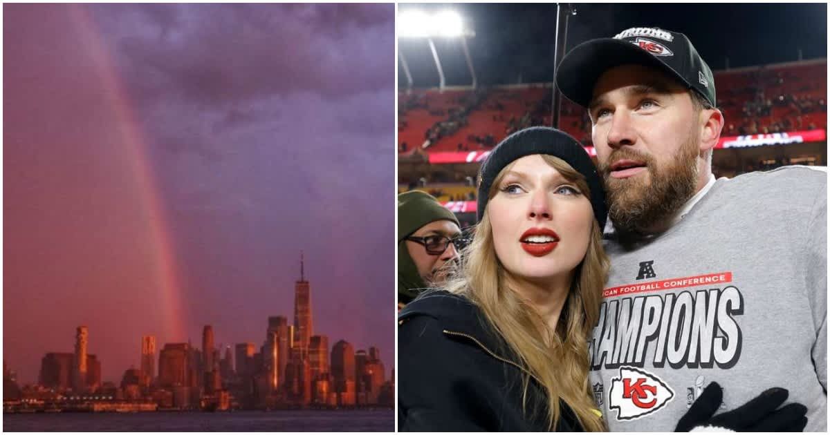 Taylor Swift and Travis Kelce's wedding was followed by a stunning rainbow over New York City, creating a magical backdrop to their celebration (Getty Images, @TSUpdating/X) 