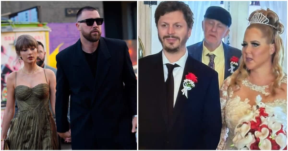 Amy Schumer joked about Taylor Swift and Travis Kelce's wedding on social media after not being among the 1,000 guests invited to the celebration (GC Images/@amyschumer/Instagram)