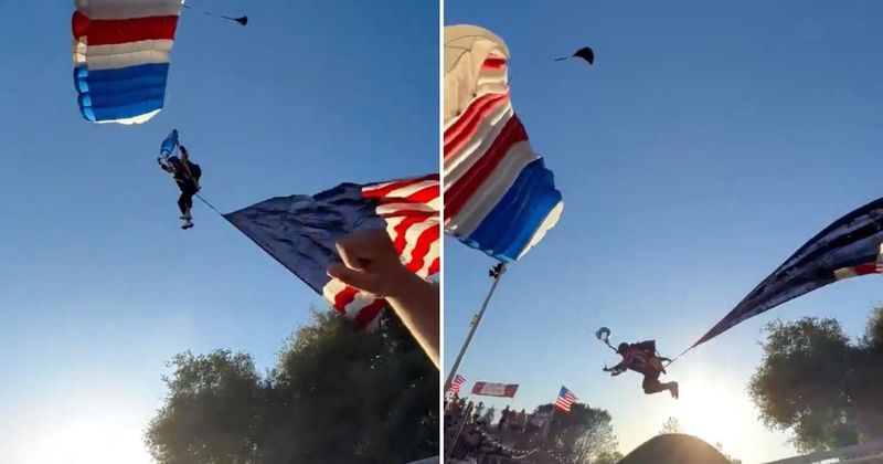 Video shows patriotic skydiver's Fourth of July jump go wrong after US flag snags tree