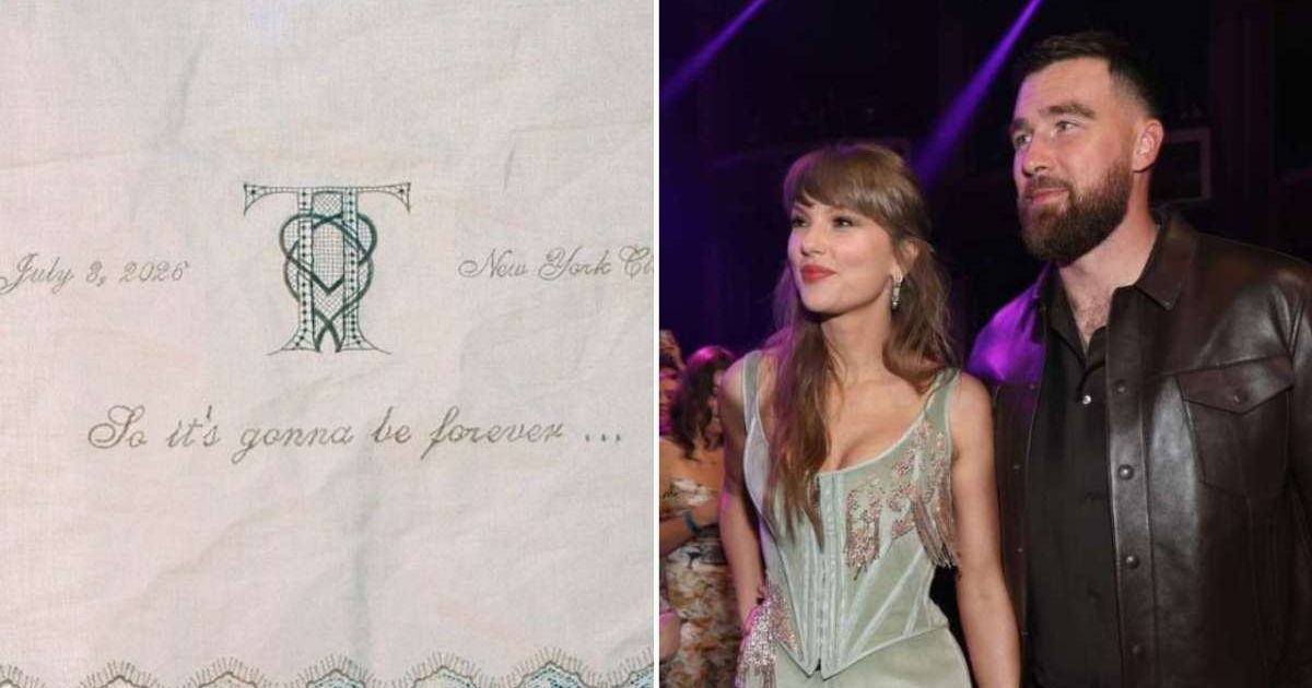 Taylor Swift and Travis Kelce's personalized wedding handkerchief featuring a 'Blank Space' lyric was revealed after the ceremony (@theTSupdates/X, Kevin Mazur/Getty Images for iHeartRadio)
