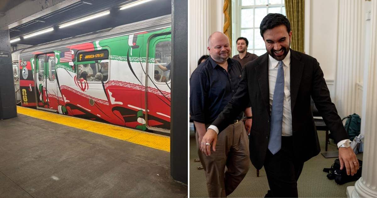 Social media linked an Iranian flag-wrapped New York City MTA train to July 4 celebrations, prompting criticism of Zohran Mamdani (@foxesinfiction/X, AP Photo)