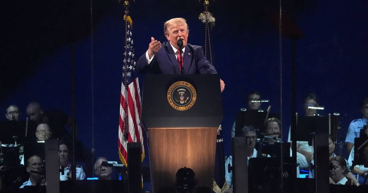 Donald Trump speaks during Salute to America, an Independence Day event honoring the nation's 250th anniversary on the National Mall in Washington (AP Photo/Mark Schiefelbein)