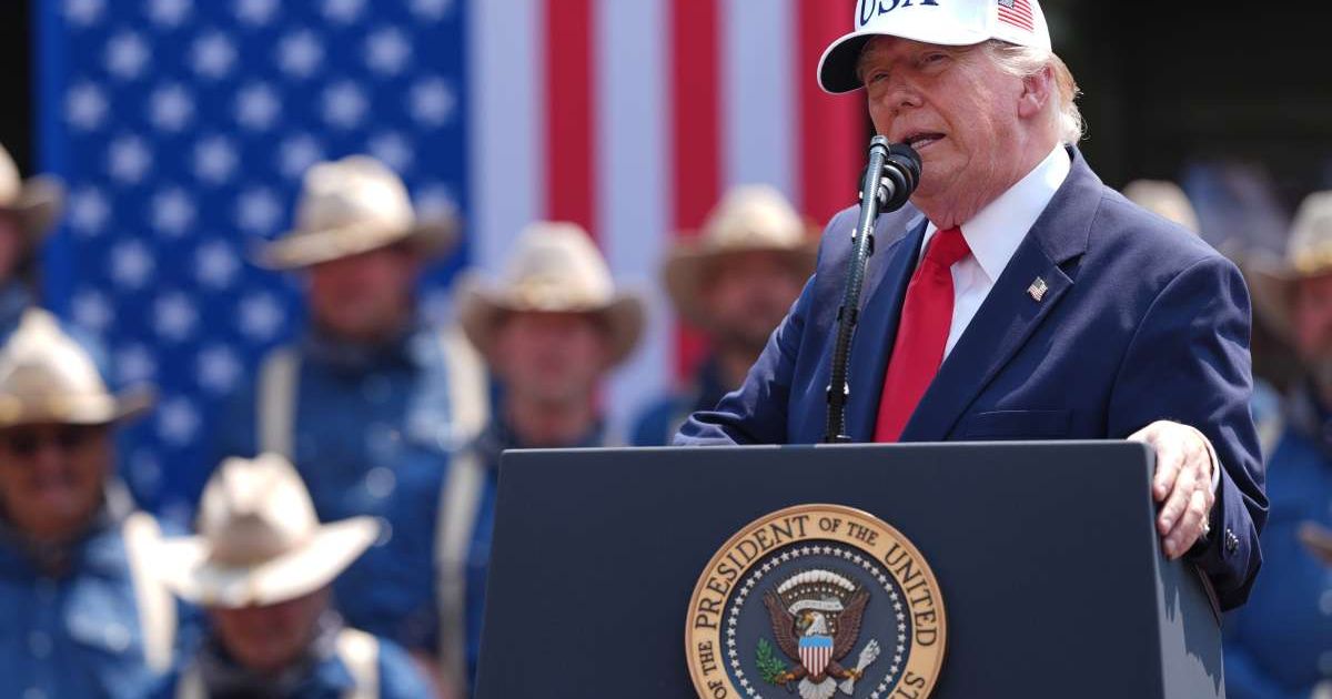 President Donald Trump speaks at Burning Hills Amphitheatre during the Theodore Roosevelt Presidential Library opening ceremony, Wednesday, July 1, 2026, in Medora, ND (AP Photo/Julia Demaree Nikhinson)
