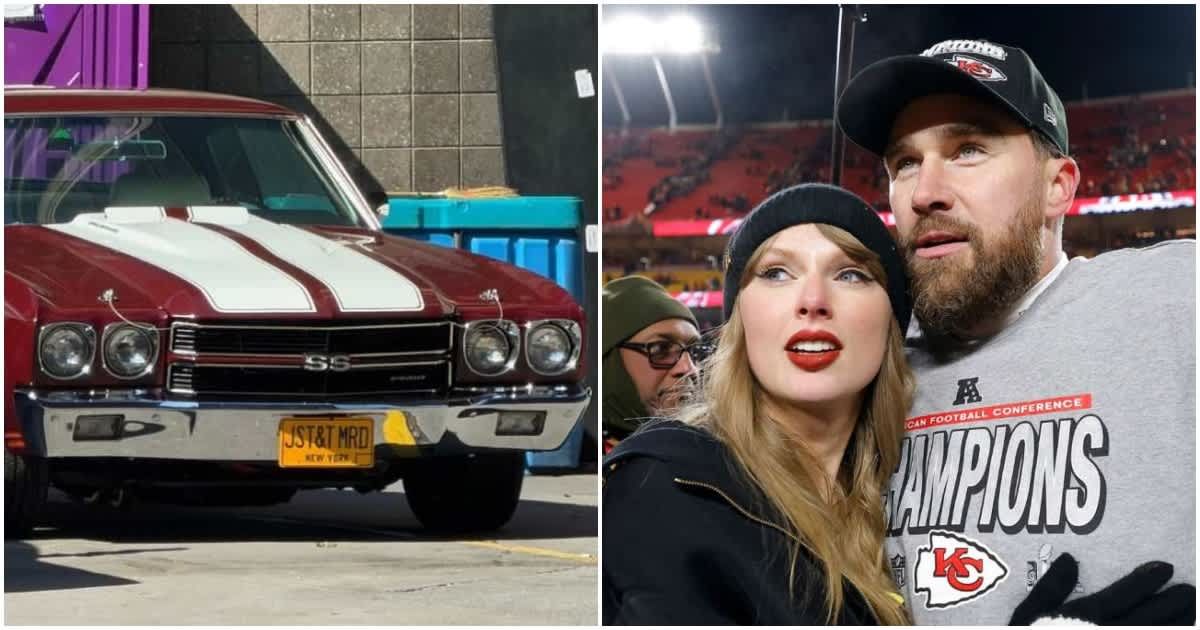 Taylor Swift and Travis Kelce reportedly chose a vintage wedding car with a custom 'T&T' license plate honoring their love story (Getty Images, @PageSix/X)