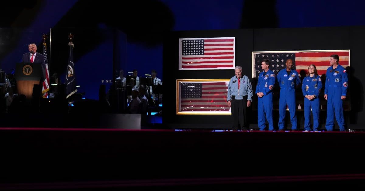 President Trump paid tribute to the crew of Artemis II by bringing them on stage during his Fourth of July speech on the National Mall Saturday night (AP Photo)