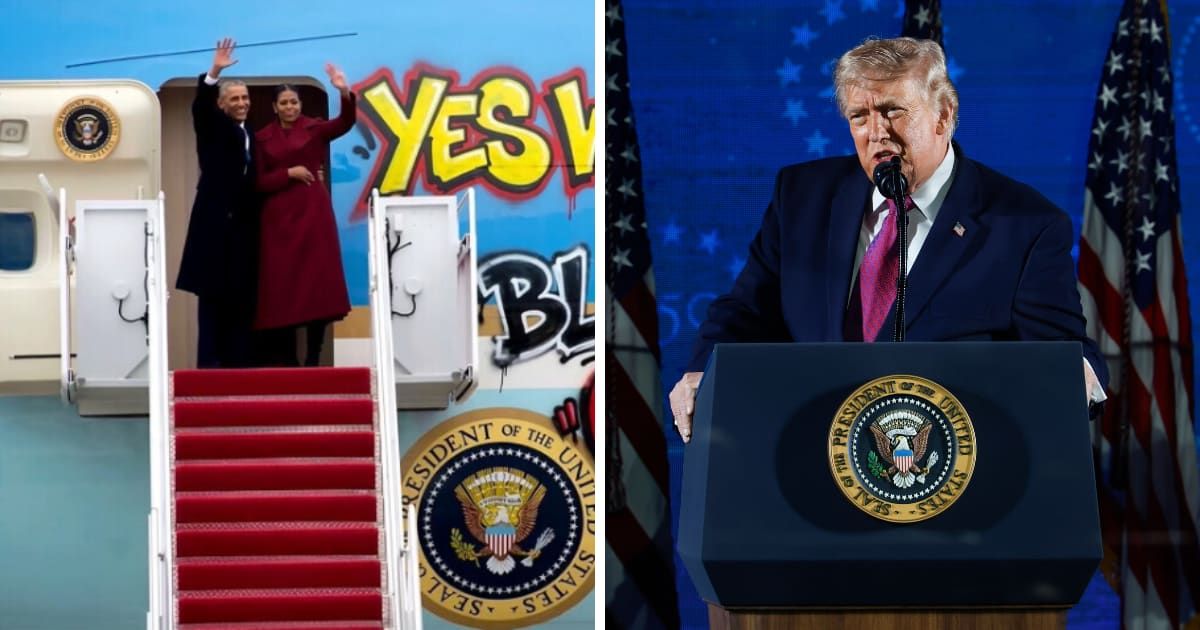 Amid a posting spree on Truth Social on Sunday, July 5, Donald Trump shared a doctored image portraying Barack and Michelle Obama waving as they boarded an Air Force One aircraft defaced with graffiti (Donald Trump/Truth Social, AP Photos)