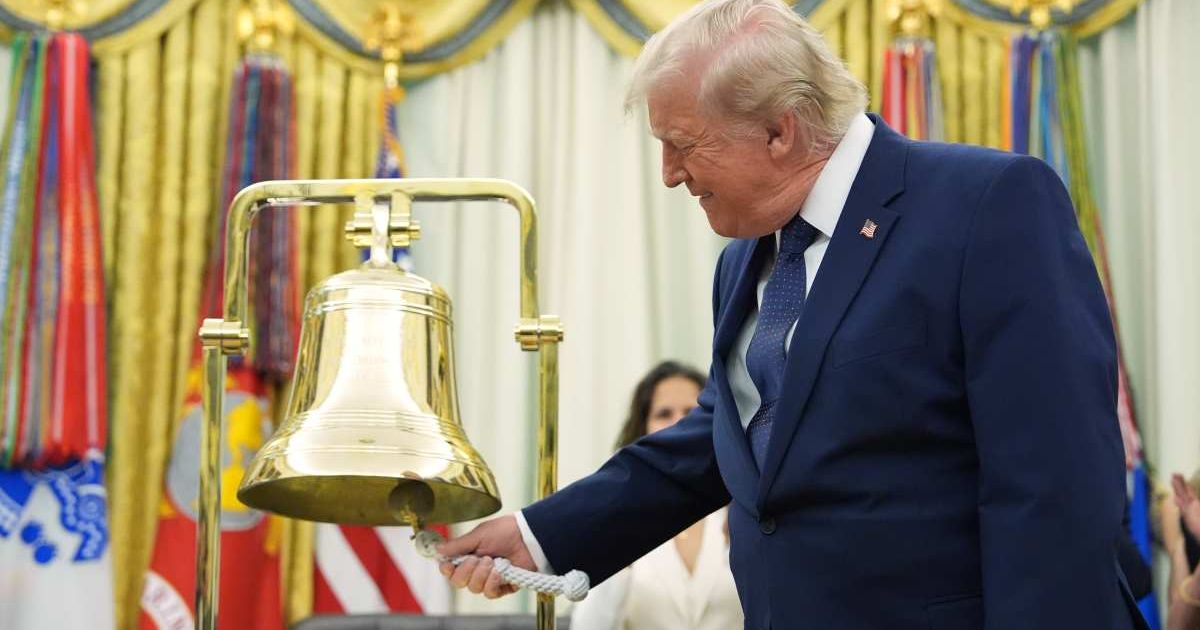 President Donald Trump rings the opening bell for the New York Stock Exchange and the Nasdaq in the Oval Office at the White House, Monday, July 6, 2026, in Washington (AP Photo/Mark Schiefelbein)