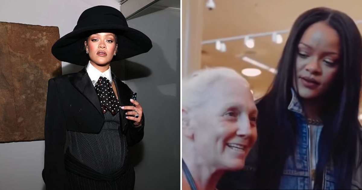 The viral clip shows a fan battling cancer telling Rihanna she felt 'terrible' and asking if they could take a photo together at a grocery store (Getty Images and X/ @PopCrave)