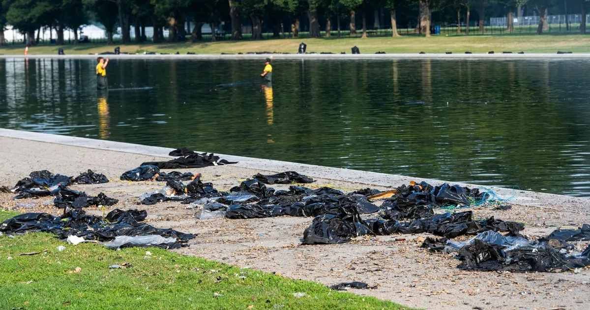 Photos claiming to show trash and debris scattered around the Lincoln Memorial Reflecting Pool spread widely across social media (@wawawomp/Instagram)