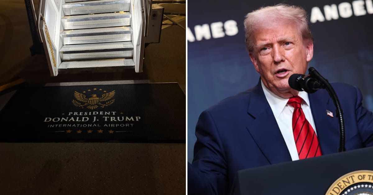 President Donald Trump celebrated the official renaming of Palm Beach International Airport in his honor and outlined plans for a major renovation (@EricTrump/X, Getty Images)—NurPhoto