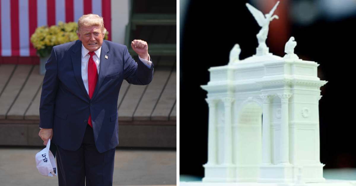 The NCPC approved preliminary plans for President Donald Trump's proposed 250-foot arch at Memorial Circle near Arlington National Cemetery (Screengrab/@RapidResponse47/X, AP Photo)
