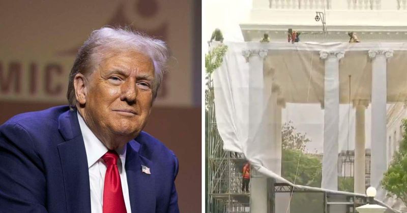 Trump hides North Portico with giant photorealistic tarp as sweeping White House revamp continues 