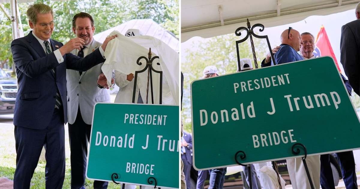 Treasury Secretary Scott Bessent unveiled a sign during the ceremony renaming a Tennessee bridge after President Donald J Trump (AP Photo/George Walker IV)