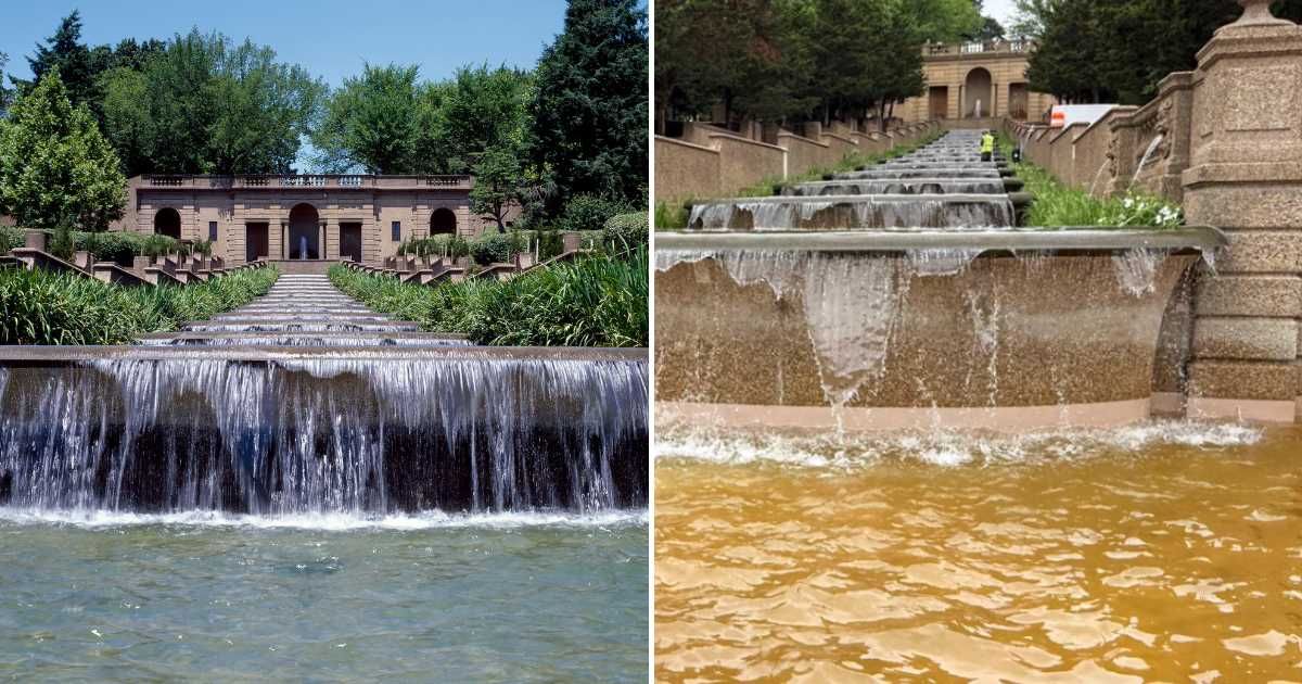 Officials said sediment from long-idle water lines caused discoloration at the restored Meridian Hill Cascading Fountain (Getty Images, @maddenifico/X) 