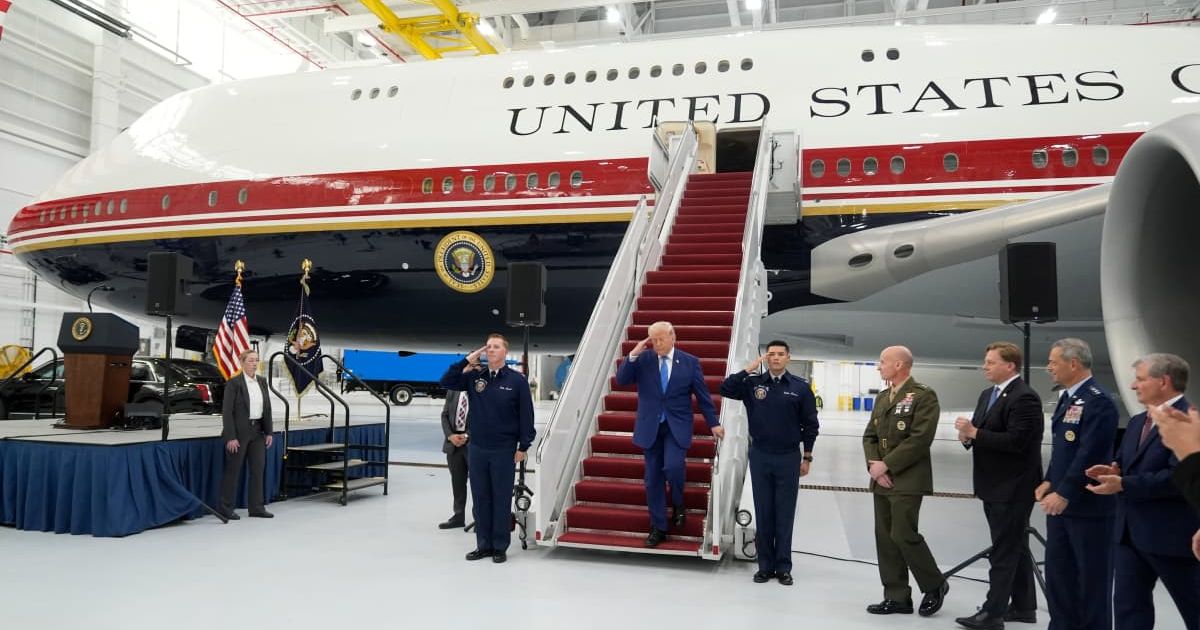 President Donald Trump exited the newly designated Air Force One after touring the aircraft at Joint Base Andrews (AP Photo/Manuel Balce Ceneta)
