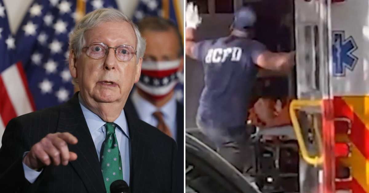 Newly surfaced footage shows former Senate Republican Leader Mitch McConnell being loaded onto a stretcher (Getty Images, Screengrab/CNN)