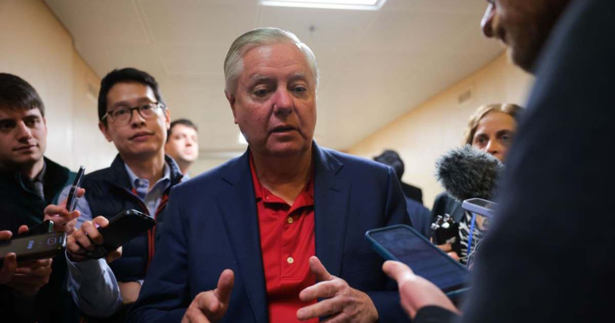 Sen Lindsey Graham talks to the media outside the Senate Subway at the US Capitol on March 3, 2025, in Washington, DC (Kayla Bartkowski/Getty Images)