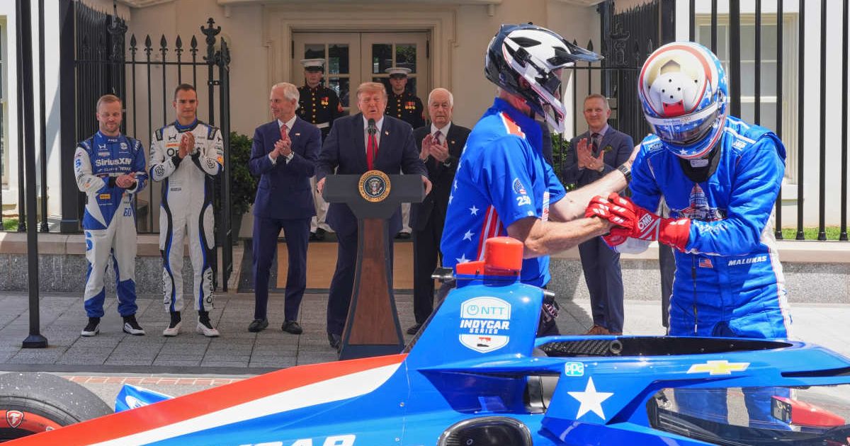President Donald Trump watching a 6.5-second IndyCar pit stop outside the White House during a preview of the Freedom 250 Grand Prix (AP Photo)