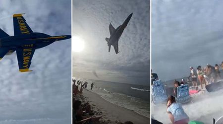 Blue Angels jet's low flyover sends beach umbrellas flying as US Navy reviews maneuver