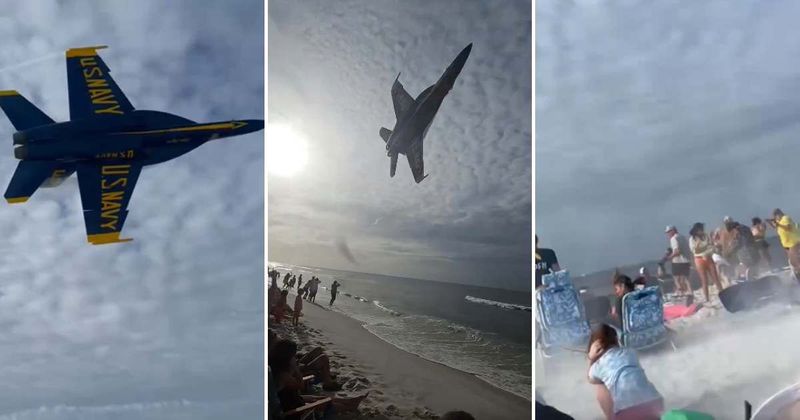 Blue Angels jet's low flyover sends beach umbrellas flying as US Navy reviews maneuver