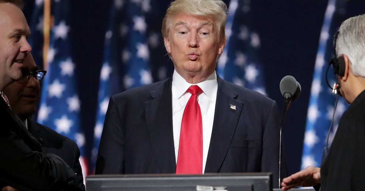 Donald Trump tests the teleprompters and microphones on stage before the start of the fourth day of the Republican National Convention (Chip Somodevilla/Getty Images)