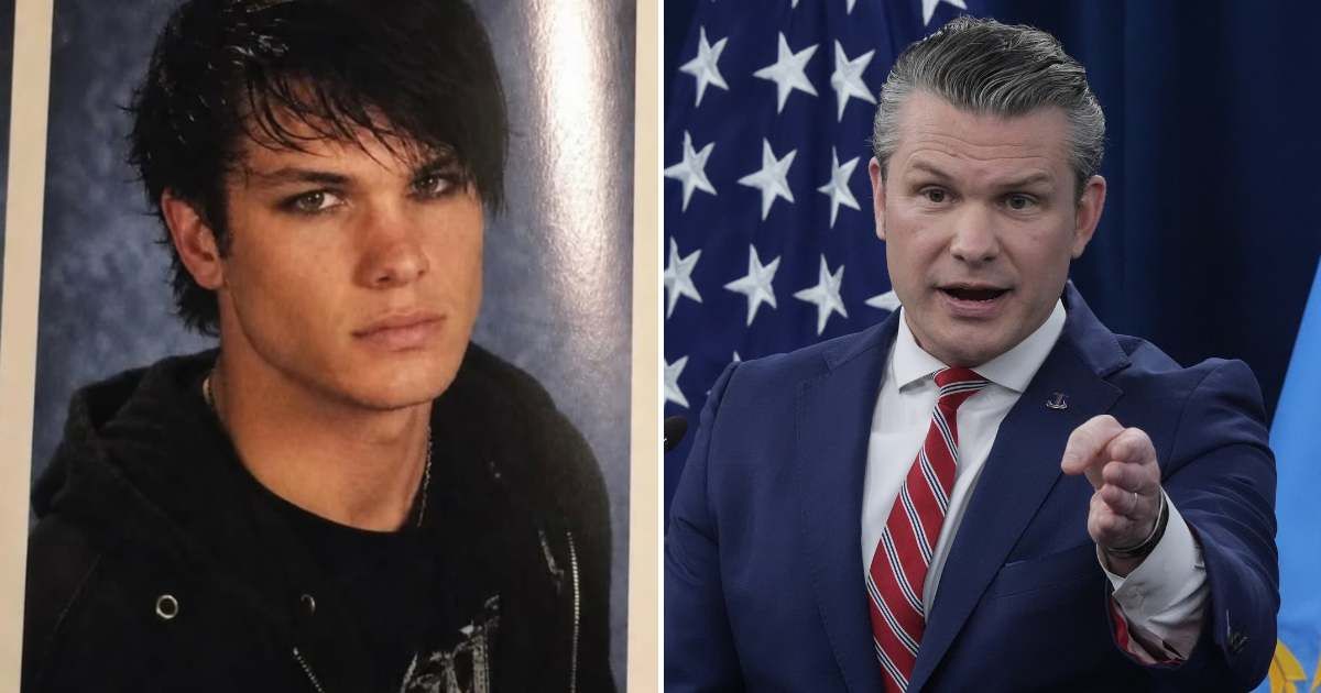 A viral image claims to show Pete Hegseth dressed in emo fashion for his senior yearbook photo (@taradublinrocks/X, AP Photo)