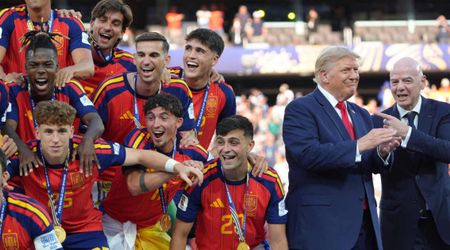 Trump refuses to leave World Cup podium after handing over trophy, awkward moment goes viral