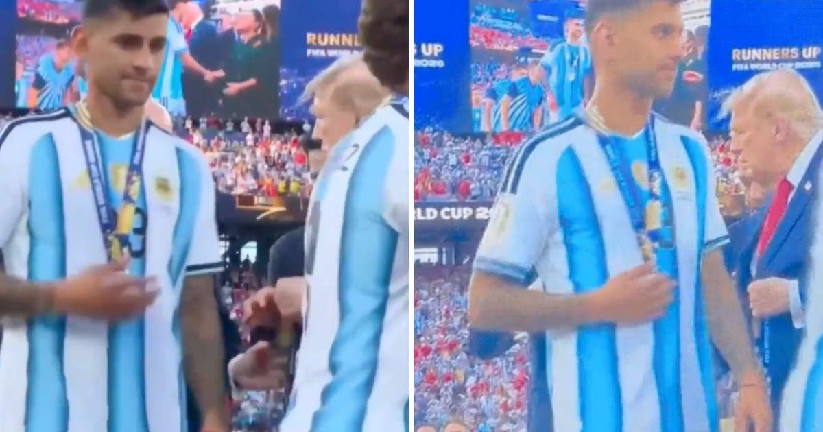 Cristian Romero appeared to bypass President Donald Trump during the FIFA World Cup final medal ceremony on Sunday, July 19, at MetLife Stadium (@SZYComps/X)