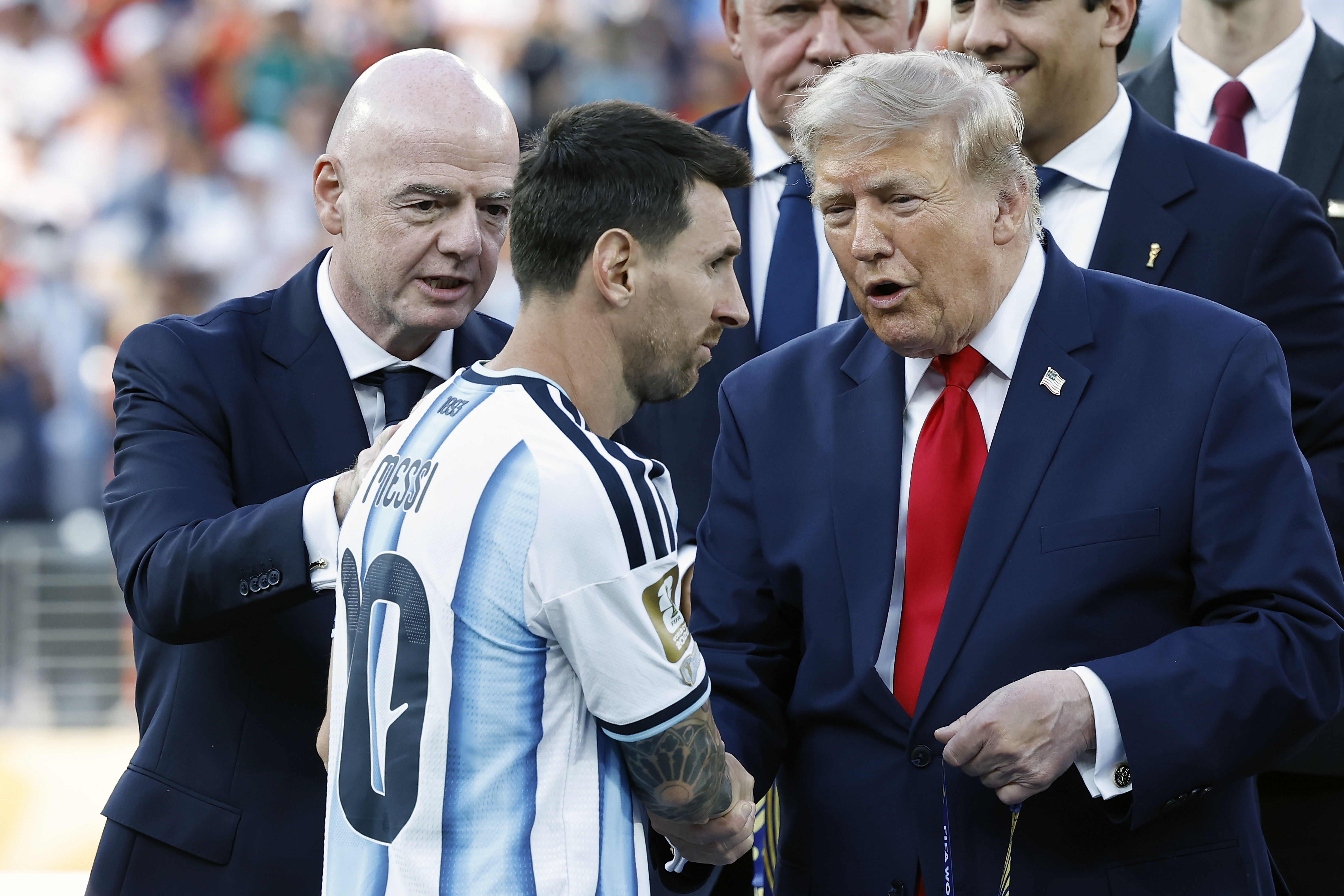 FIFA President Gianni Infantino, Lionel Messi of Argentina, President of the United States Donald Trump after the 2026 FIFA World Cup final between Spain and Argentina at the New York/New Jersey Stadium on July 19, 2026, in East Rutherford, New Jersey, United States. MAURICE VAN STEEN / ANP (Photo by ANP via Getty Images)