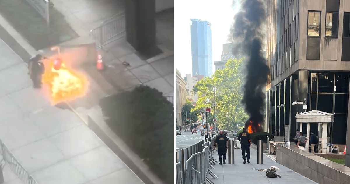 Videos and images from the scene show federal agents detaining Andrew Arrabaca after he allegedly ignited an incendiary device outside 26 Federal Plaza in Manhattan on Monday, July 20 (@InsiderWire/X, AP Photos)