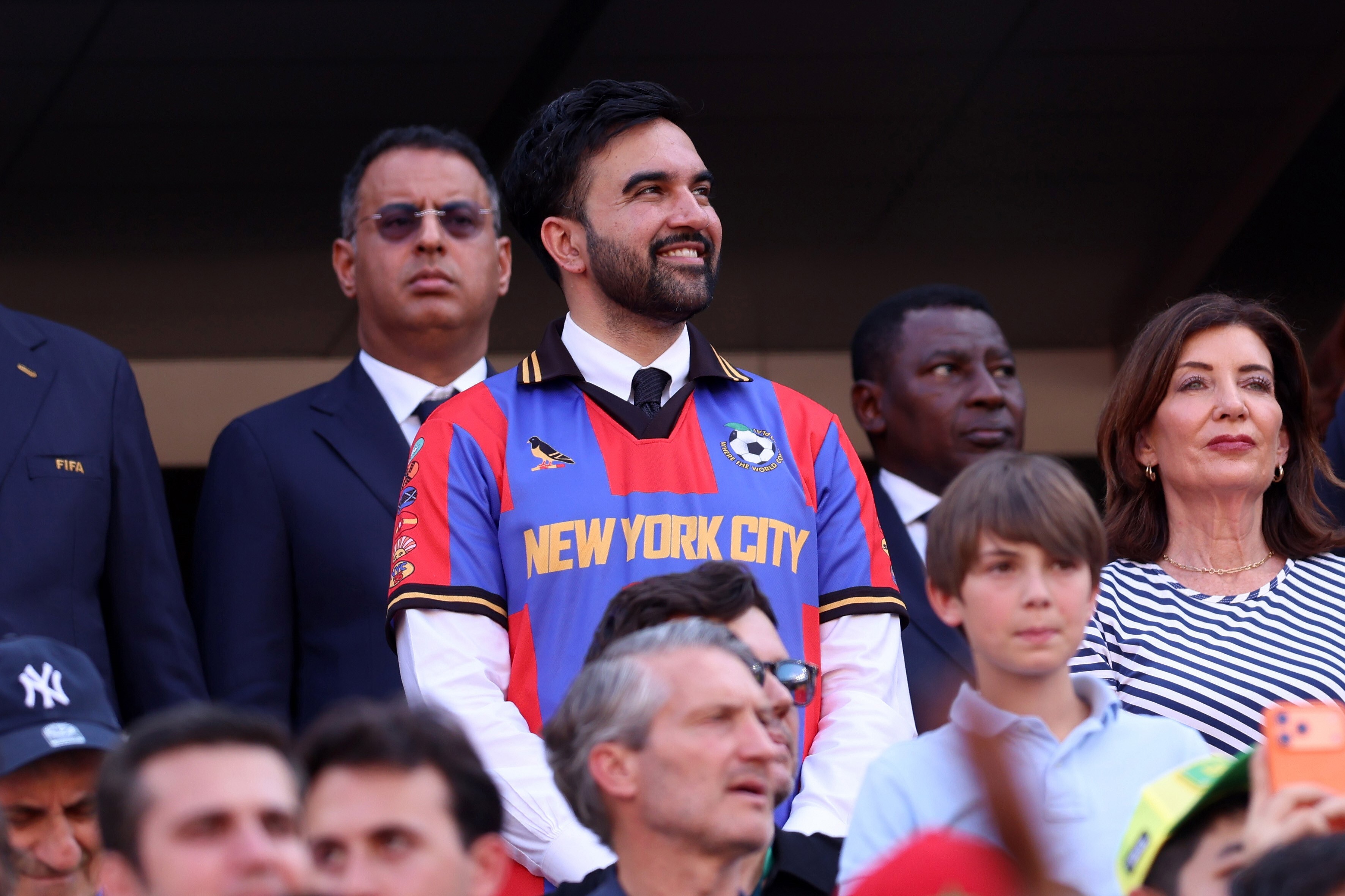EAST RUTHERFORD, NEW JERSEY - JUNE 13: Zohran Mamdani, Mayor or New York City during the FIFA World Cup 2026 Group C match between Brazil and Morocco at New York New Jersey Stadium on June 13, 2026 in East Rutherford, New Jersey. (Photo by Catherine Ivill - AMA/Getty Images)