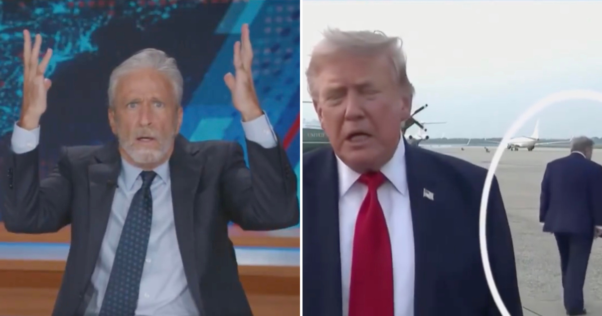 Jon Stewart sparked laughter after noticing a man who bore a striking resemblance to Donald Trump while reviewing footage from the president’s appearance at Joint Base Andrews following the World Cup final in New Jersey (@latenightercom/X)