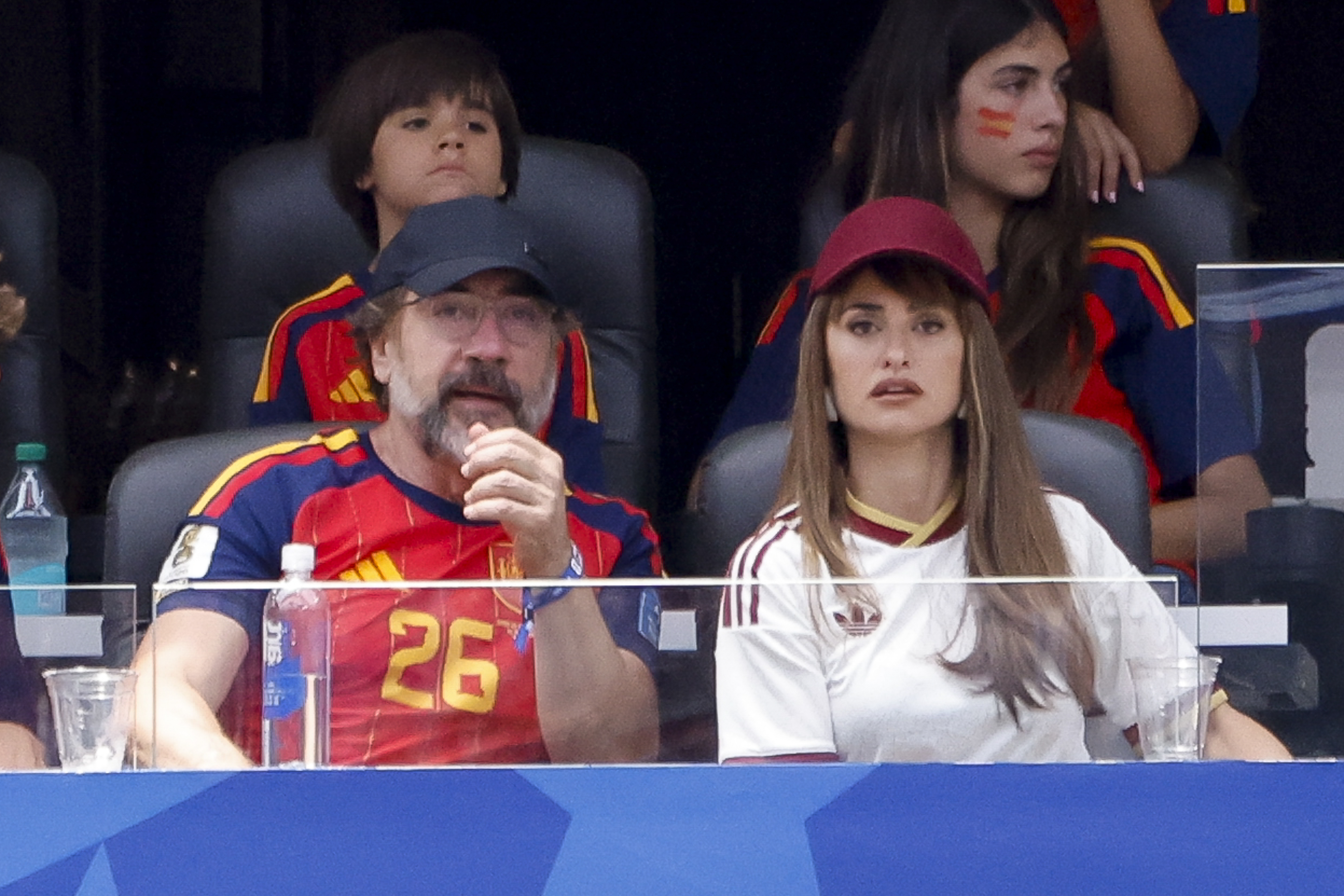Javier Bardem and Penelope Cruz attend the FIFA World Cup 2026 Quarter Final football match between Spain and Belgium at Los Angeles Stadium on July 10, 2026 in Inglewood near Los Angeles, California. (Photo by Jean Catuffe/Getty Images)