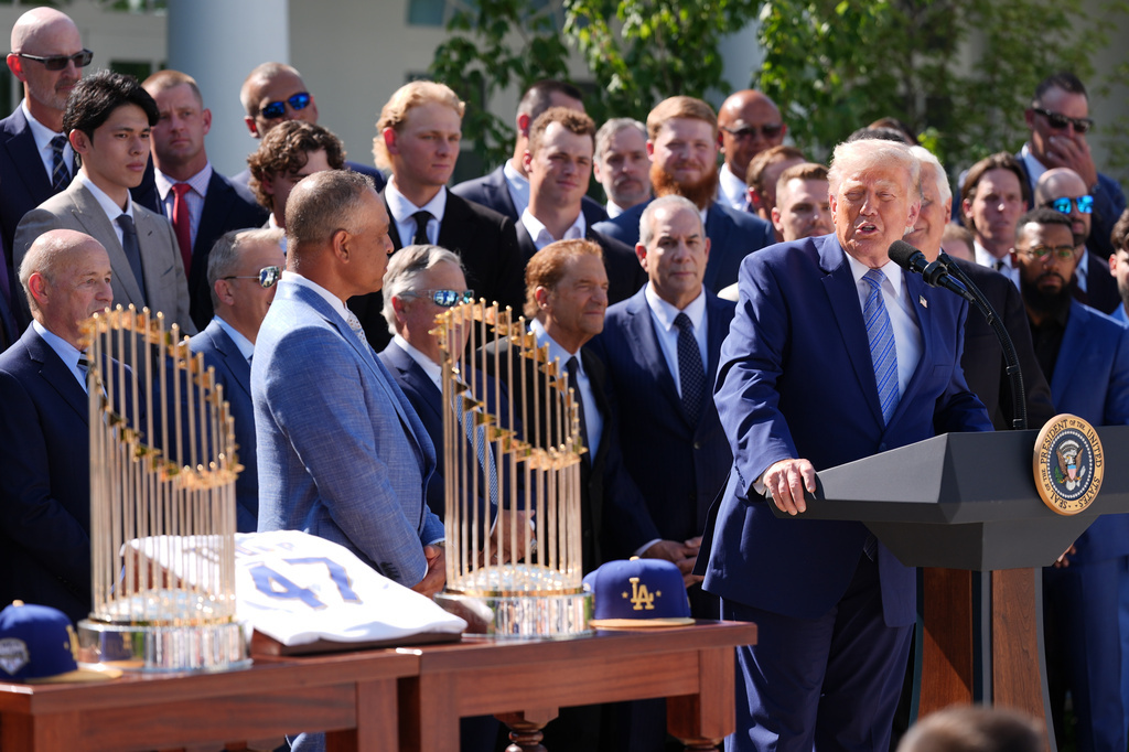 President Donald Trump speaks during an event to honor the 2025 World Series champions Los Angeles Dodgers in the Rose Garden of the White House, Thursday, July 23, 2026, in Washington. (AP Photo/Julia Demaree Nikhinson)