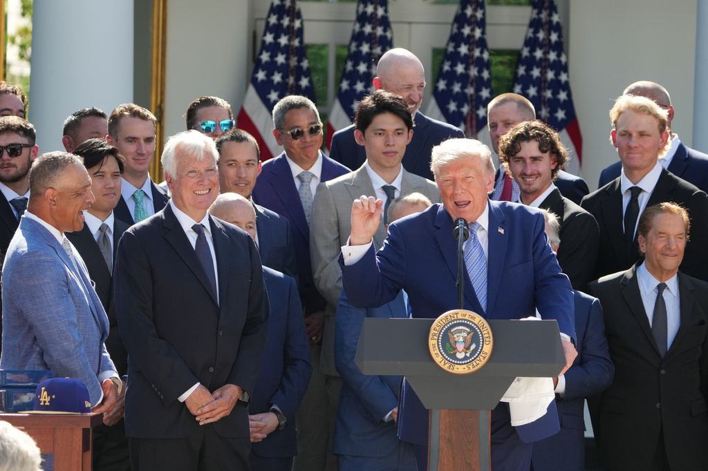 President Donald Trump speaks during an event to honor the 2025 World Series champions Los Angeles Dodgers in the Rose Garden of the White House, Thursday, July 23, 2026, in Washington. (AP Photo/Alex Brandon)