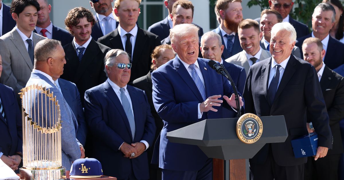 President Donald Trump hosted the 2025 MLB World Series champion Los Angeles Dodgers in the Rose Garden of the White House on July 23, 2026, in Washington, DC (Getty Images)