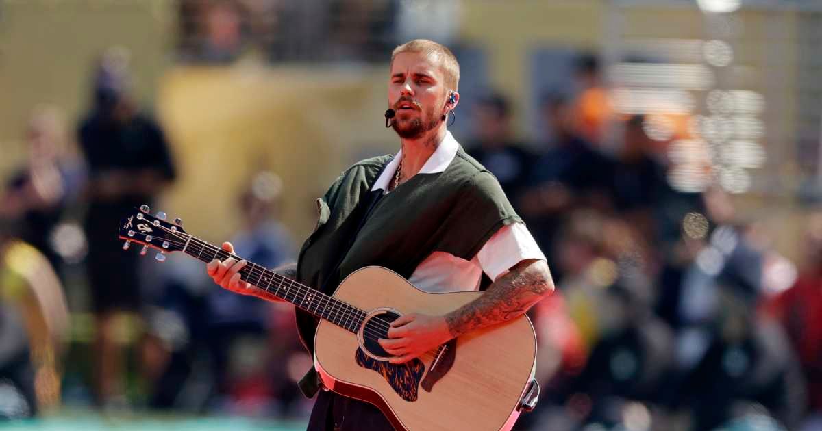 Justin Bieber during the World Cup halftime show during the match between FIFA World Cup Final v Halftime Show at the New York New Jersey Stadium on July 19, 2026, in East Rutherford, New Jersey (Soccrates Images)