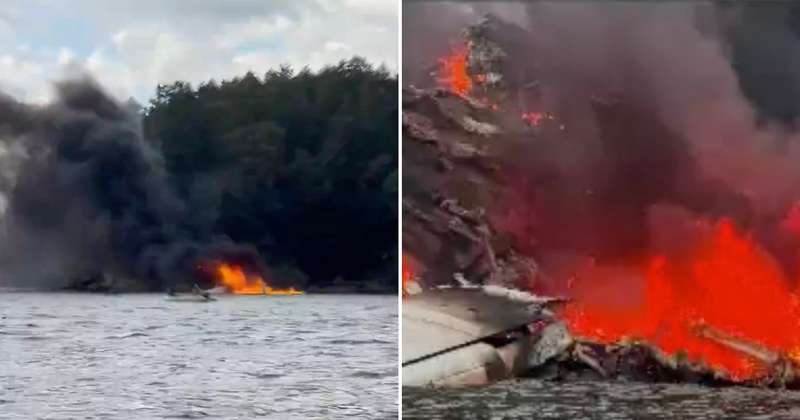 Plane carrying 11 catches fire after emergency crash landing off Washington island