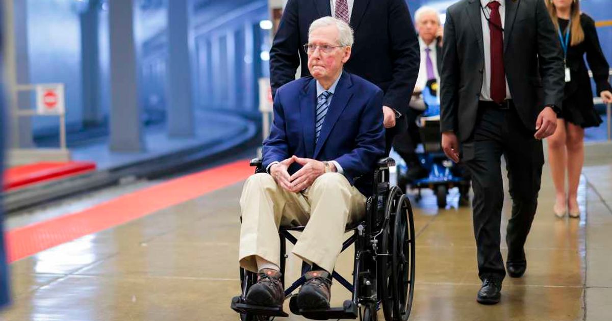 Sen Mitch McConnel is pushed in a wheelchair through the Senate Subway during the Senate War Powers vote on April 22, 2026, in Washington, DC (Getty Images)