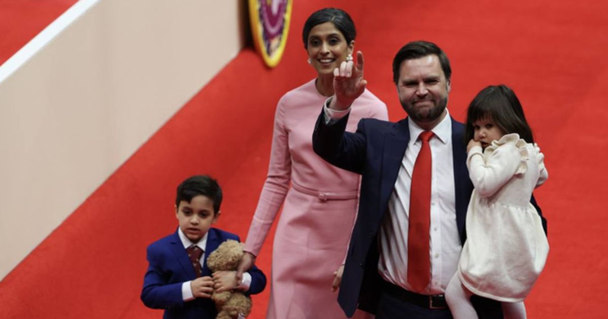 Second Lady Usha Vance and Vice President JD Vance with their children arrive during an indoor inauguration parade at the Capital One Arena on January 20, 2025, in Washington, DC (Getty Images)