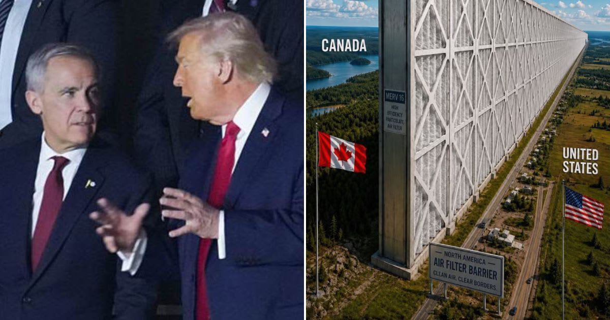 President Donald Trump shared a bizarre AI-generated image of a giant air filter between the US and Canada, joking about wildfire smoke crossing the border (Getty Images, @realDonaldTrump/TruthSocial)