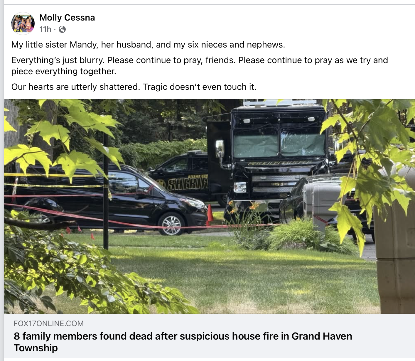 Amanda's sister, Molly Cessna, shared an emotional message on Facebook after learning of the tragedy.