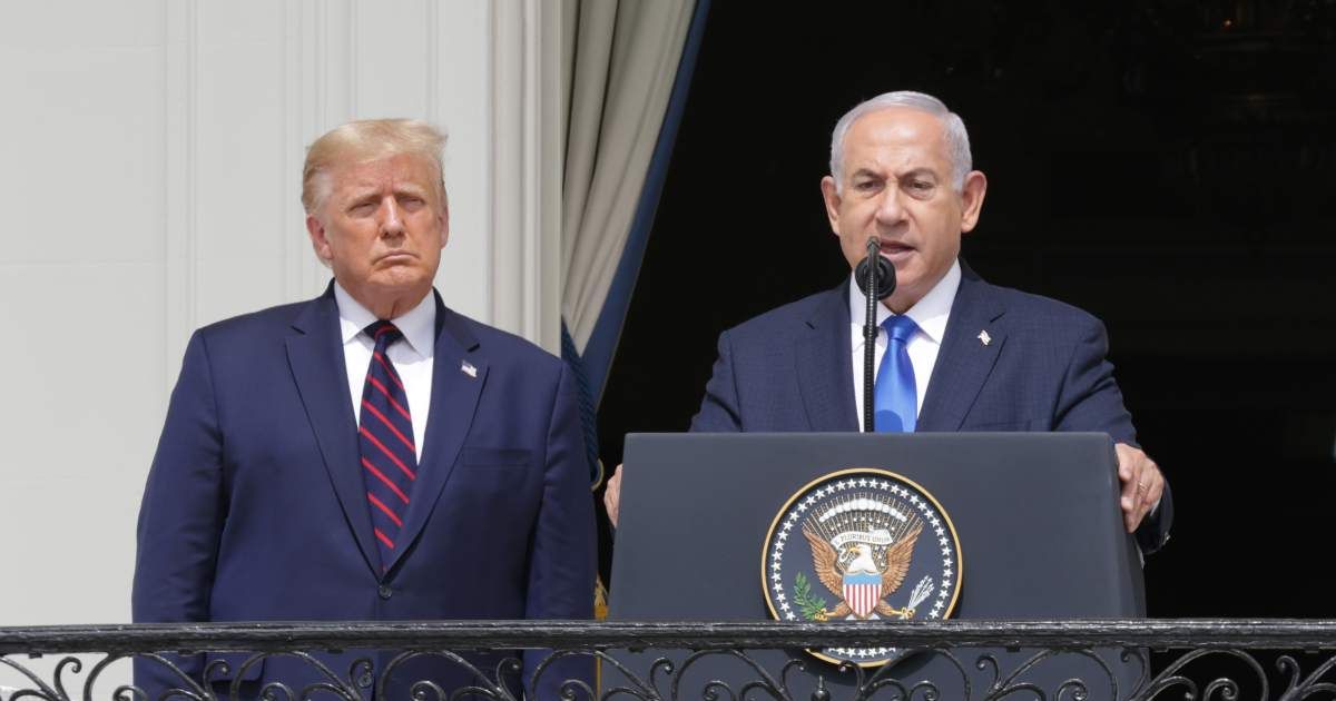 Prime Minister of Israel Benjamin Netanyahu speaks as President Donald Trump looks on at the South Lawn of the White House September 15, 2020 in Washington, DC. (Getty Images)