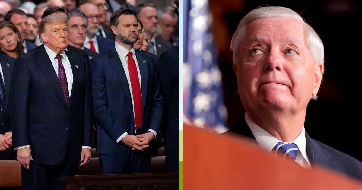 President Donald Trump and Vice President JD Vance attend the funeral service for the late Sen Lindsey Graham at the Washington National Cathedral on July 28, 2026 in Washington, DC (Getty Images)